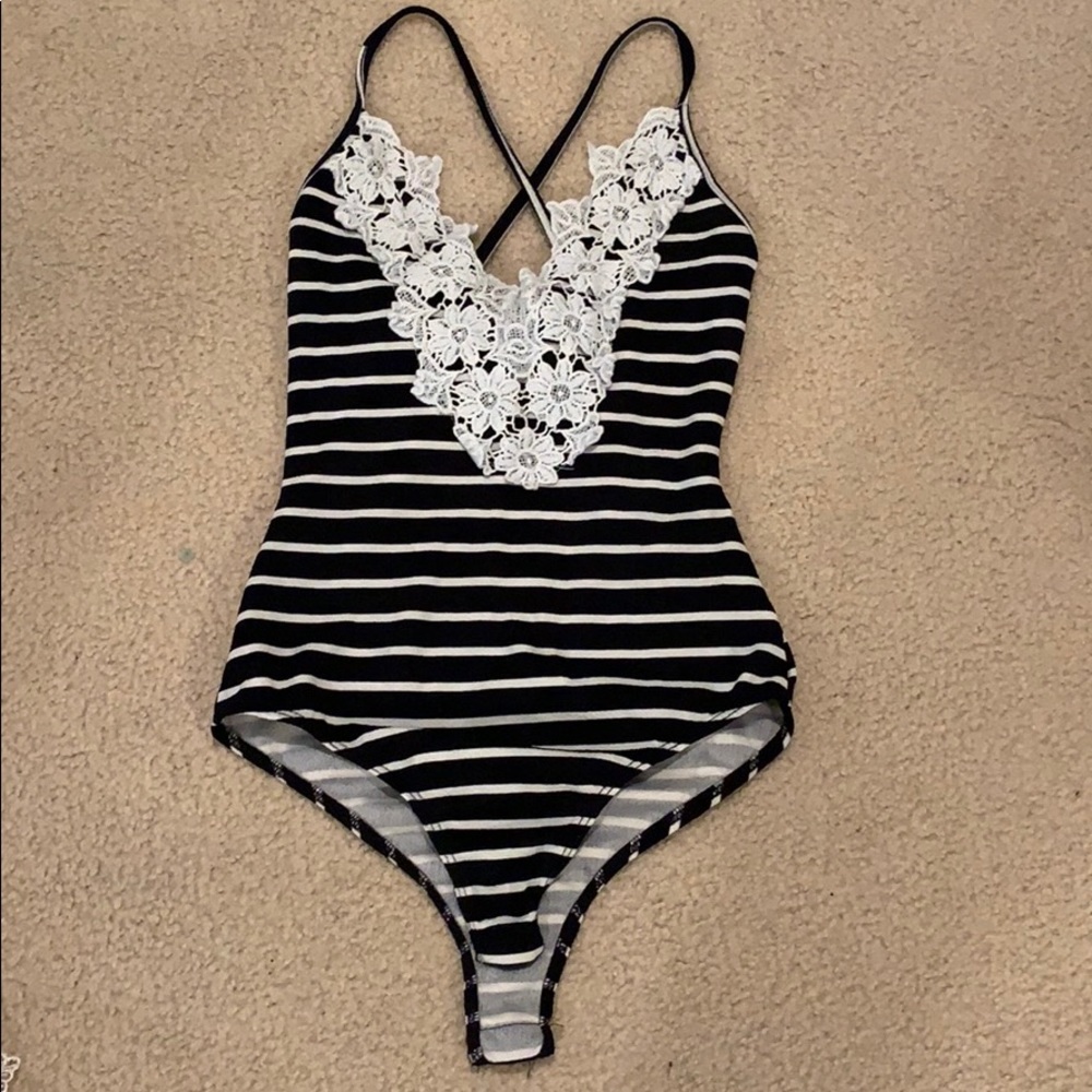 Blue and white striped, lace v-neck bodysuit